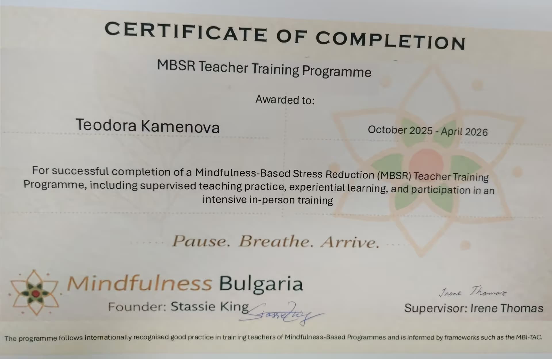 MBSR Teacher Training Programme — Mindfulness Bulgaria
